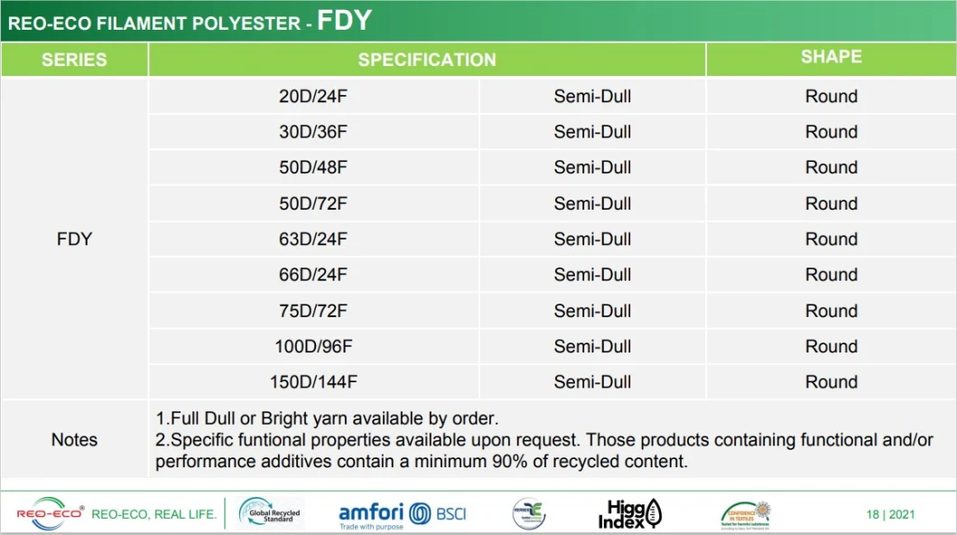 100% Recycled Polyester Semi-Dull FDY 30d/24f Filament Yarn